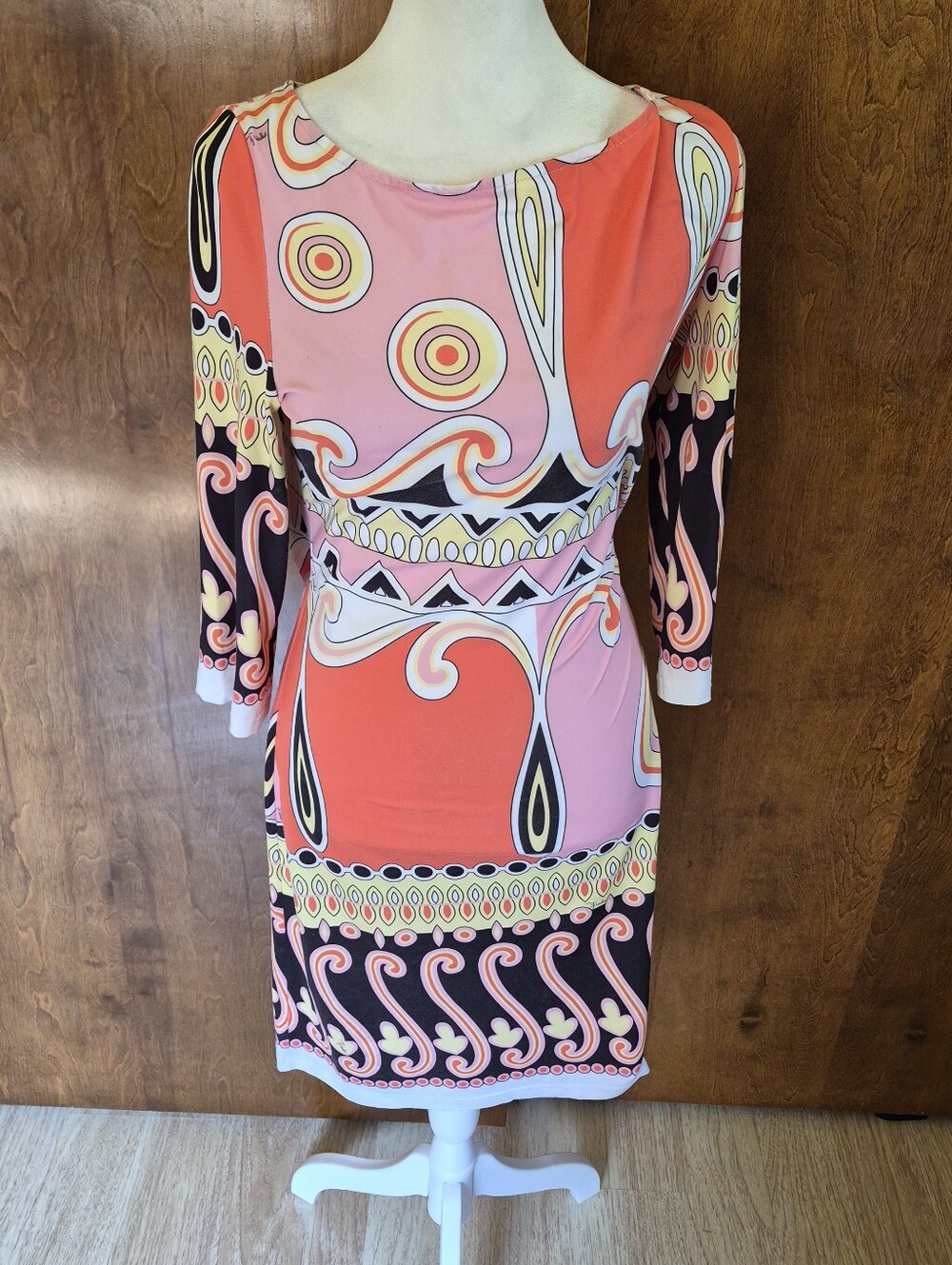 Emilio Pucci Coral & Pink Printed Long Sleeve Silk Boatneck Dress